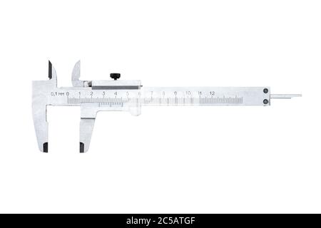 calibro a corsoio strumento tecnico per la misurazione delle misure, isolato su fondo bianco. Foto Stock