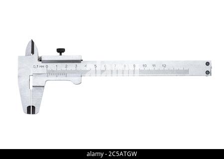 strumento di ingegneria per calibro a corsoio per la misurazione delle dimensioni, oggetto isolato su sfondo bianco. Foto Stock