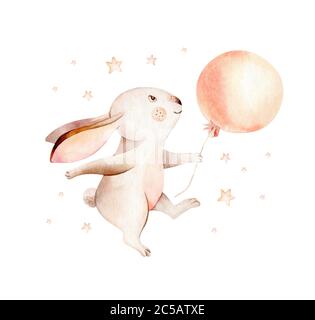 Carino cartone animato coniglio animale mano disegnato acquerello bunny illustrazione con palloncino d'aria. Bambini asilo nido indossare moda design, baby doccia invito carta. Foto Stock