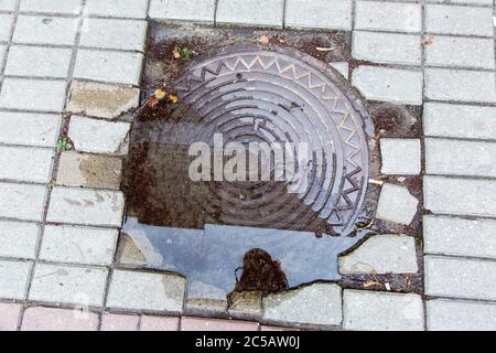 tondino di ferro tondino coperto in un pozze d'acqua su un marciapiede pedonale fatto di piastrelle di pietra, vista dall'alto da vicino. Foto Stock