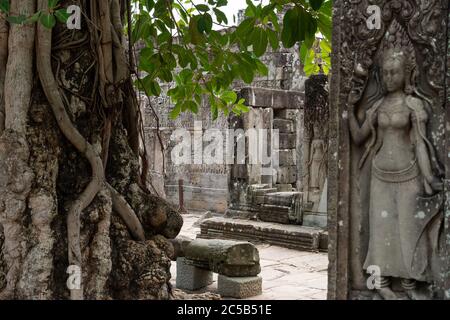 Vista prospettica sui bassorilievi di Angkor Thom, Siem Reap, Cambogia. Foto Stock