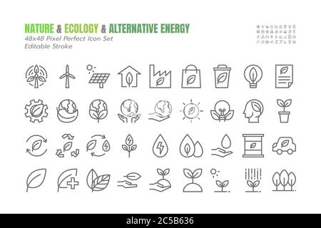 Semplice set di icone Eco Vector a contorno sottile, ad esempio ambiente, cologia, energia rinnovabile, energia alternativa, carburante biologico, riciclo, mentalità verde, acqua Illustrazione Vettoriale