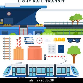 Treni passeggeri. Transito ferroviario. Trasporto ferroviario cittadino moderno, insieme di elementi vettoriali. Illustrazione vettoriale in stile piatto. Illustrazione Vettoriale