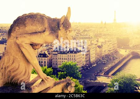 La cattedrale di Notre Dame di Parigi: famosa Chimera (demone) che si affaccia sulla Torre Eiffel in un giorno di estate Foto Stock