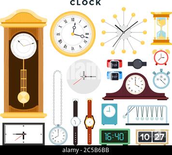 Diversi orologi antichi e moderni e orologi a mano, set. Illustrazione vettoriale, isolata in bianco. Illustrazione Vettoriale