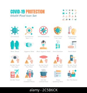 Semplice set di icone piatte di protezione Covid-19. Icone come misure di protezione di guida, prevenzione di Coronavirus, sanità igienica, soluzione, consapevolezza, Illustrazione Vettoriale
