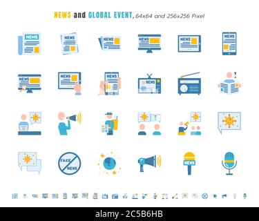 Semplice serie di notizie ed evento globale di Coronavirus, Covid-19 relativo in piattaforma diversa. Come tablet, telefono, bolla vocale. Icone a colori piatti VEC Illustrazione Vettoriale