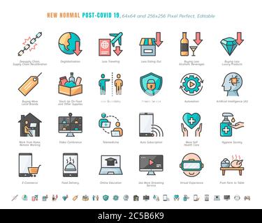 Semplice set di nuovo normale dopo Coronavirus 2019 o Covid-19 estremità correlate. Ad esempio Streaming, Online Shopping, Supply Recalibration. Contorno riempito ICO Illustrazione Vettoriale