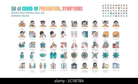 ชื่อ semplice insieme di Covid-19 prevenzione riempito icone contorno. Come icone come protettivo, Coronavirus, Social distanziando, sintomi, quarantena, rimanere a. Illustrazione Vettoriale