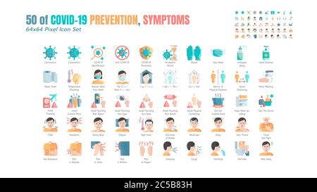 Semplice set di icone piatte di prevenzione Covid-19, quali icone come misure protettive, Coronavirus, igiene sanitaria, distanza sociale, lavarsi le mani, S Illustrazione Vettoriale