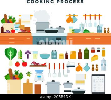 Raccolta di utensili da cucina, elettrodomestici, attrezzature, batterie da cucina, alimenti, mobili. Set di elementi per illustrare il processo di cottura. Vettore Illustrazione Vettoriale