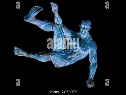 muscleman anatomia eroico corpo parkour salto posa due in bianco sfondo, illustrazione 3d Foto Stock