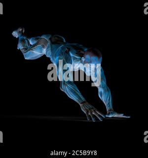 anatomia del muscleman corpo eroico parkour posa di atterraggio su sfondo bianco, illustrazione 3d Foto Stock