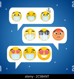 impostare le emoji nelle bolle vocali, palloncini con volti emotis icone chat Illustrazione Vettoriale