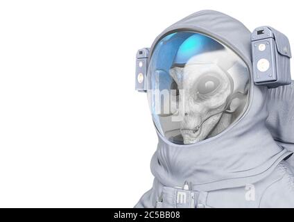 vista laterale astronauta alieno da vicino con spazio di copia, illustrazione 3d Foto Stock