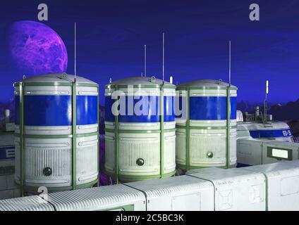 immagine di cisterna su una base in un altro pianeta scena due, illustrazione 3d Foto Stock
