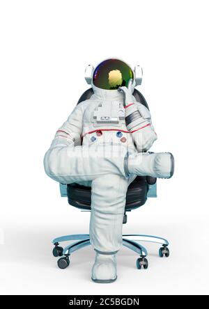 l'astronauta è seduto sulla sedia da ufficio e sta anche pensando alla vita, l'illustrazione 3d Foto Stock