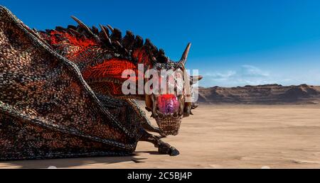 dragon riposa da solo sul deserto con copia vista, illustrazione 3d Foto Stock