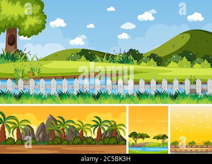 Quattro sfondo diverse scene natura con alberi verdi in diversi tempi illustrazione Illustrazione Vettoriale