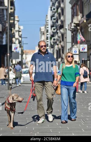 La coppia italiana camminando il proprio cane Weimaraner in Via Sparano da Bari. Bari, Italia Foto Stock