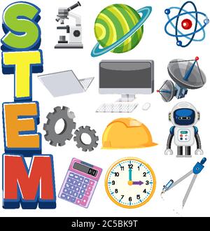 Logo STEM e set di oggetti didattici illustrazione isolata Illustrazione Vettoriale