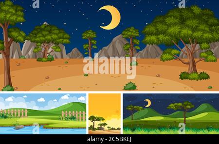 Quattro sfondo diverse scene natura con alberi verdi in diversi tempi illustrazione Illustrazione Vettoriale