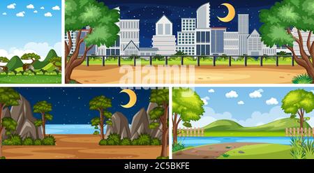 Quattro sfondo diverse scene natura con alberi verdi in diversi tempi illustrazione Illustrazione Vettoriale