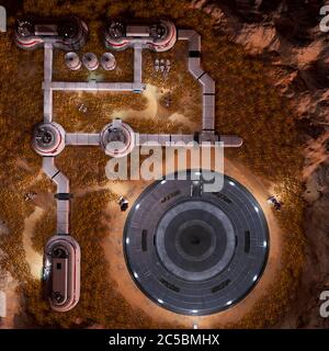 base in un'altra vista del drone del pianeta, illustrazione 3d Foto Stock