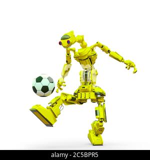 robot amichevole sta giocando a calcio su sfondo bianco, illustrazione 3d Foto Stock