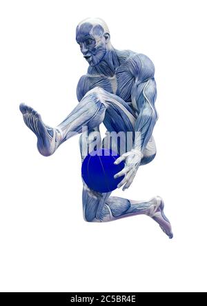 muscleman anatomia corpo eroico saltando su basket in sfondo bianco, illustrazione 3d Foto Stock