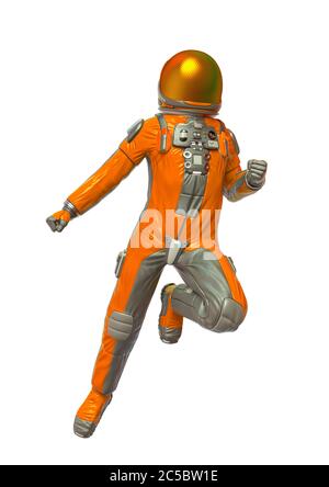 astronauta explorer fare una posa di eroe comico in sfondo bianco, illustrazione 3d Foto Stock