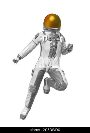astronauta explorer fare una posa di eroe comico in sfondo bianco, illustrazione 3d Foto Stock