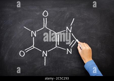 Struttura della molecola chimica della caffeina su lavagna. La molecola di caffeina che si attinge sulla lavagna come si trova nel caffè e nel tè, ecc. Foto Stock