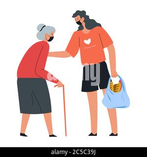 Volontario che aiuta la signora anziana a camminare e trasportare i prodotti Illustrazione Vettoriale