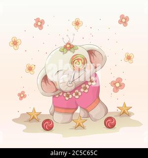 happy baby elefante godetevi il lollipop. vettore disegnata a mano stile arte Illustrazione Vettoriale