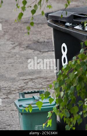 Bidone nero con rifiuti non riciclabili, accanto a un bidone verde con rifiuti alimentari, parcheggiato sul pavimento in attesa di essere raccolto il giorno settimanale del bidone. Foto Stock