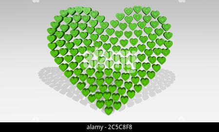 cuore di piccole forme sulla parete. Illustrazione 3D di sculture metalliche su sfondo bianco con texture mite, amore e design Foto Stock