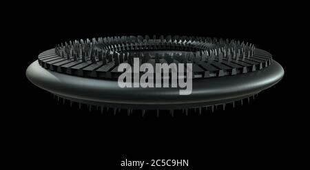 Oggetto sci-Fi isolato su sfondo nero. Meccanica, ingranaggio robotizzato Foto Stock