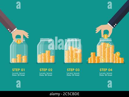 Passo di mani di risparmio monete in vasi di vetro infografica. Stile piatto. Illustrazione vettoriale Illustrazione Vettoriale