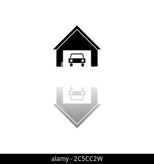 Garage auto. Simbolo nero su sfondo bianco. Illustrazione semplice. Icona vettore piatto. Specchia ombra di riflessione. Può essere utilizzato in logo, Web, dispositivi mobili e interfaccia utente Illustrazione Vettoriale