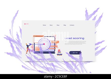 Icona a fumetto piatto con modello di landing page con punteggio di piombo per la progettazione concettuale con caratteri. Rosa viola con fiori metafora grafica con notebook, finestre, fiori, bersaglio Illustrazione Vettoriale