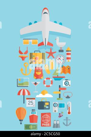 World Travel concept background, aereo. Icone piatte. Turismo concetto image.Holidays e vacation.Sea, oceano, terra, aereo in viaggio. Illustrazione Vettoriale