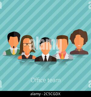 Le persone avatar gruppo icone in stile piatto. Diversi volti maschili e femminili nel team di ufficio. Illustrazione vettoriale. Illustrazione Vettoriale