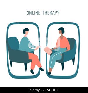Uomo alla sessione online psicologo. Consulenza medica per telefono. Videochiamata allo psichiatra. Terapia psicologica online. Vettore disegnato a mano Illustrazione Vettoriale