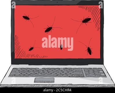 Disegno stile colorato illustrazione di notebook infettati da bug del computer. Illustrazione vettoriale disegnata a mano. Illustrazione Vettoriale