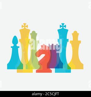 Scacchi pezzi business segno & corporate Identity template per scacchi club o scuola di scacchi. Set di icone vettoriali per pezzi a scacchi standard. Vettore di scacchi colorato Illustrazione Vettoriale