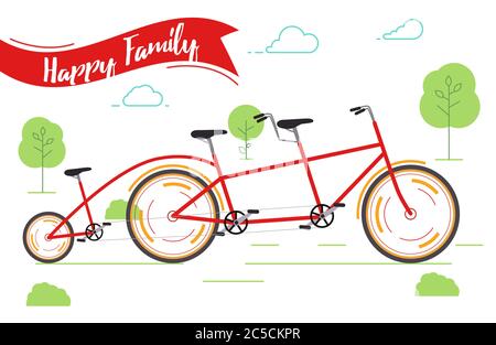 Banner famiglia felice. Bicicletta rossa. Gite in bicicletta nel Parco. Illustrazione vettoriale in stile moderno piatto. Illustrazione Vettoriale