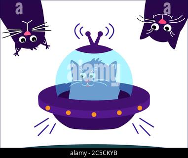 Cat. Spazio Carino cucciolo sta volando su una navicella spaziale. Due gatti si affacciano dall'alto. Piatto volante. Design piatto. Isolato su sfondo bianco. Illustrazione Vettoriale