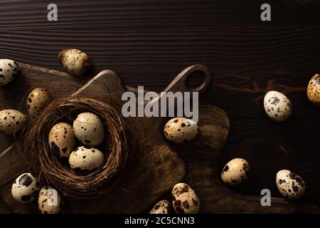 vista dall'alto delle uova di quaglia nel nido e sui taglieri marroni su una superficie di legno scuro Foto Stock