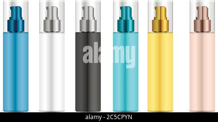 Flacone di plastica cosmetica con pompa dosatrice. Illustrazione vettoriale. Contenitore liquido per gel, lozione, crema, shampoo, schiuma da bagno. Pacchetto prodotti di bellezza. Illustrazione Vettoriale